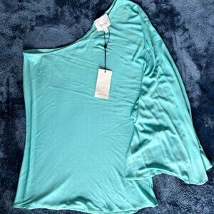 NWT Cinq a Sept turquoise/green one shoulder top with flow sleeve
